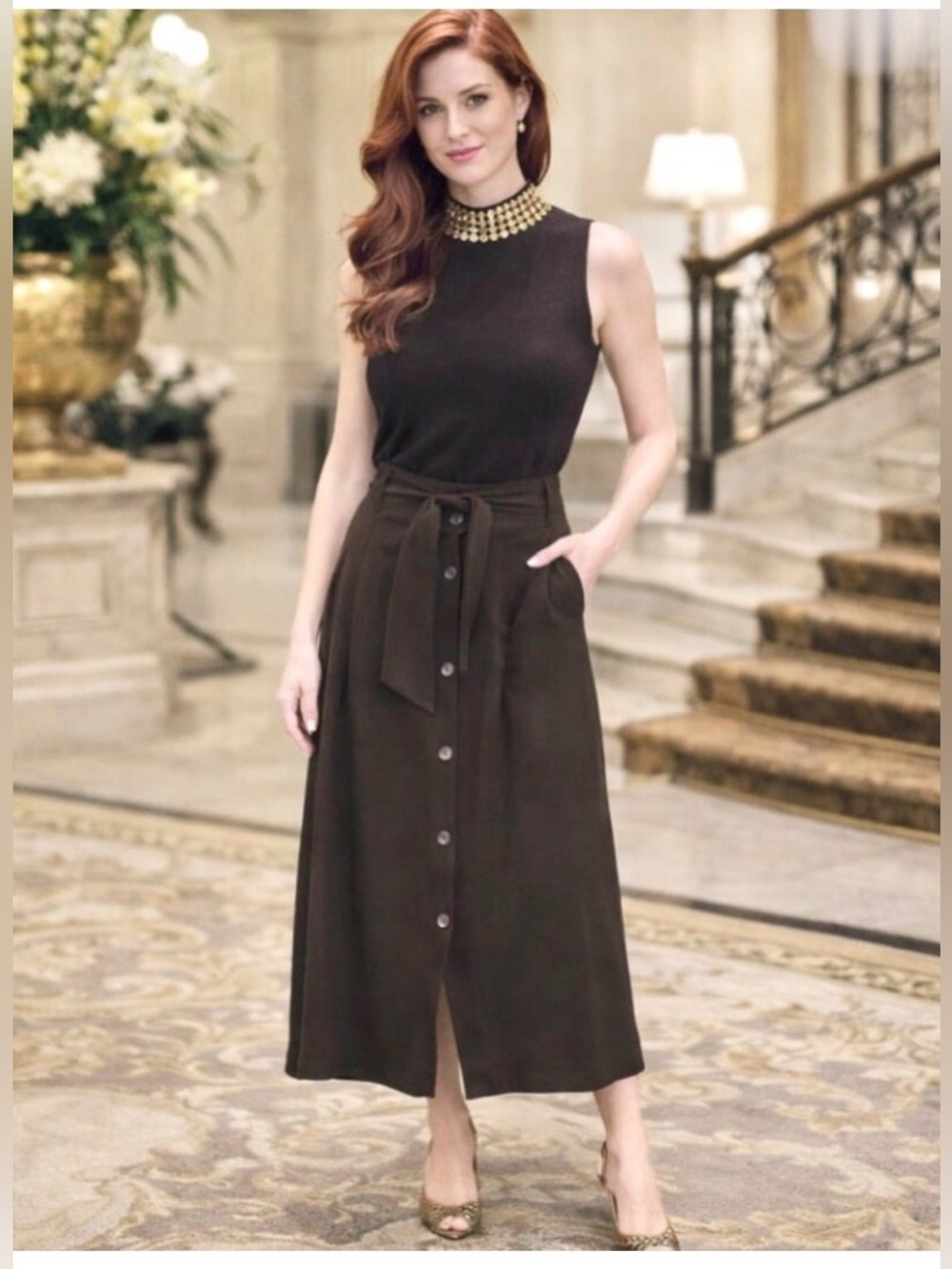 BROCHU WALKER Capri Belted Button-Front A-line Midi Skirt Morel M MSRP $368 NWT